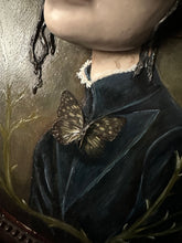 Load image into Gallery viewer, Detail of the real butterfly on Edris's painted bodice