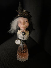 Load image into Gallery viewer, Potion Bottle Witch BW1 front view with black and white hair, botanical bodice, and dried floral hat