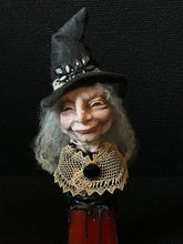 Load image into Gallery viewer, Potion Bottle Witch BW10 front view with white hair, black hat, and antique lace