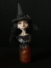 Load image into Gallery viewer, Potion Bottle Witch BW11 front view with black hair and striped bodice
