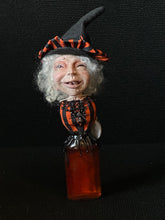 Load image into Gallery viewer, Potion Bottle Witch BW5 front view in orange and black stripes with spider ornament