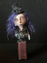 Load image into Gallery viewer, Potion Bottle Witch BW7 front view with purple hair, tiny black hat, and lace-trimmed bodice