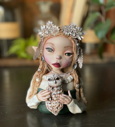 Erina Fantasy Elf holding Owl Friend Fairy Elven Sculpture