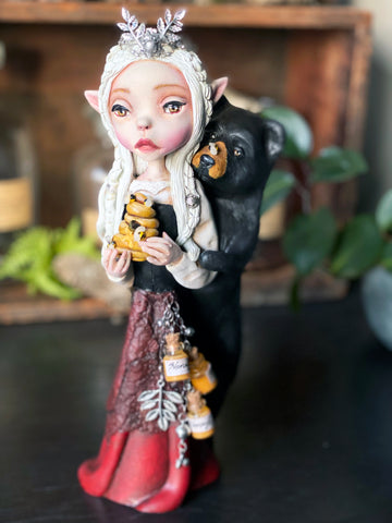 Serendipity Elf and Bear with honey Forest Fantasy Fairy Elven Sculpture